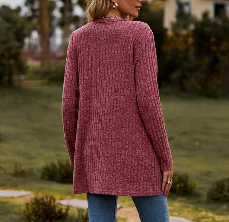 Solid Color Velvet Ribbed Buttons Autumn Winter Pockets Cardigan Top