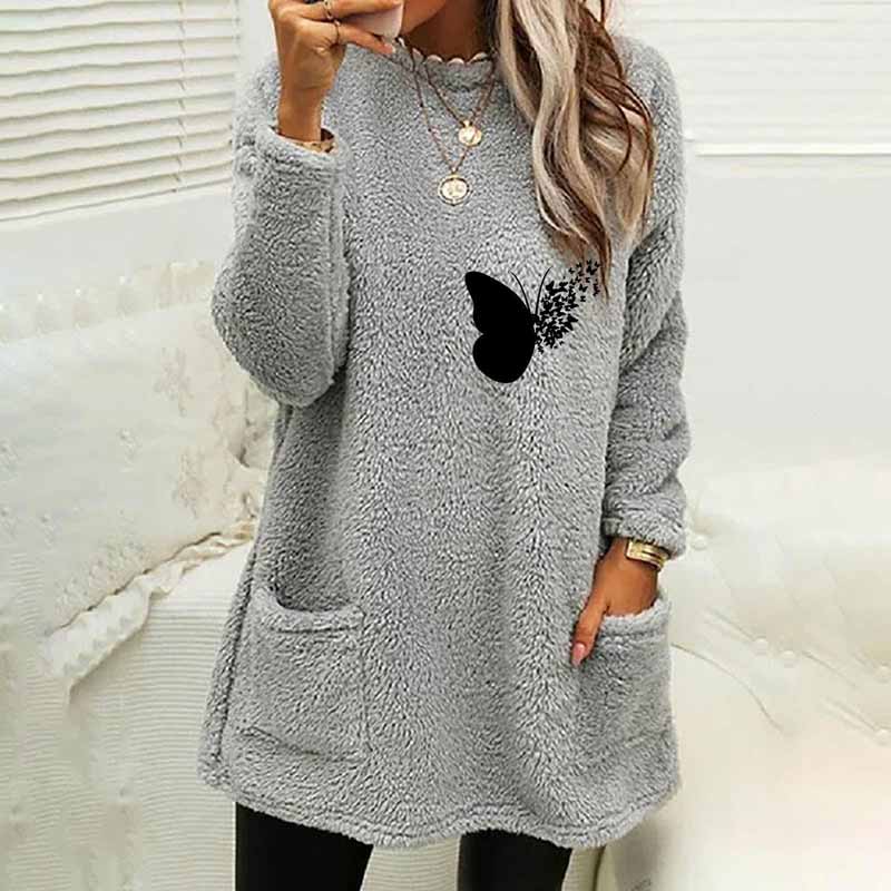 Butterfly Printed Plush Warm Autumn Winter Pockets Long Sweatshirt