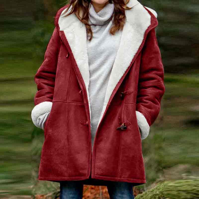 Solid Color Hoodie Long Sleeve Pockets Horn Button Fleece Coat