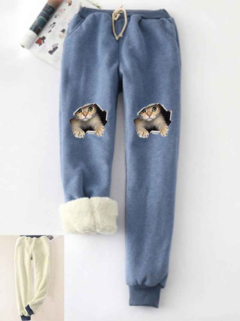 Cats Printed Thickened Fleece Warm Autumn Winter Loose Sweatpants