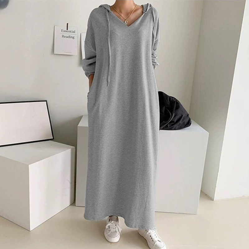 Fashion Solid Color Long Sleeve Hooded Pockets Loose Long Dress 