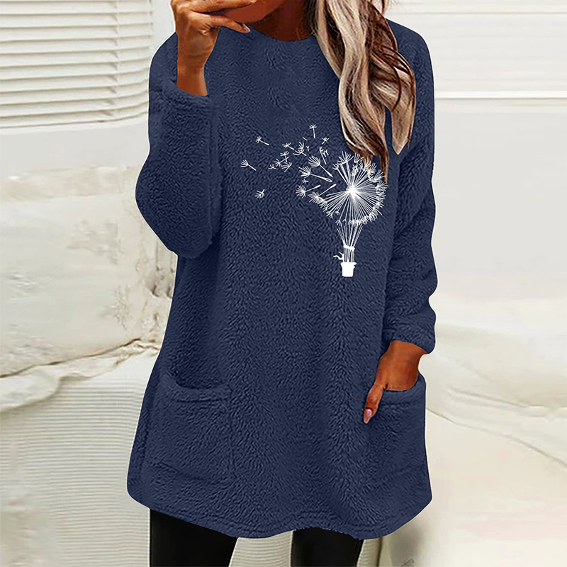 Fashion Dandelion  Printed Plush Warm Autumn Winter Pockets Long Sweatshirt