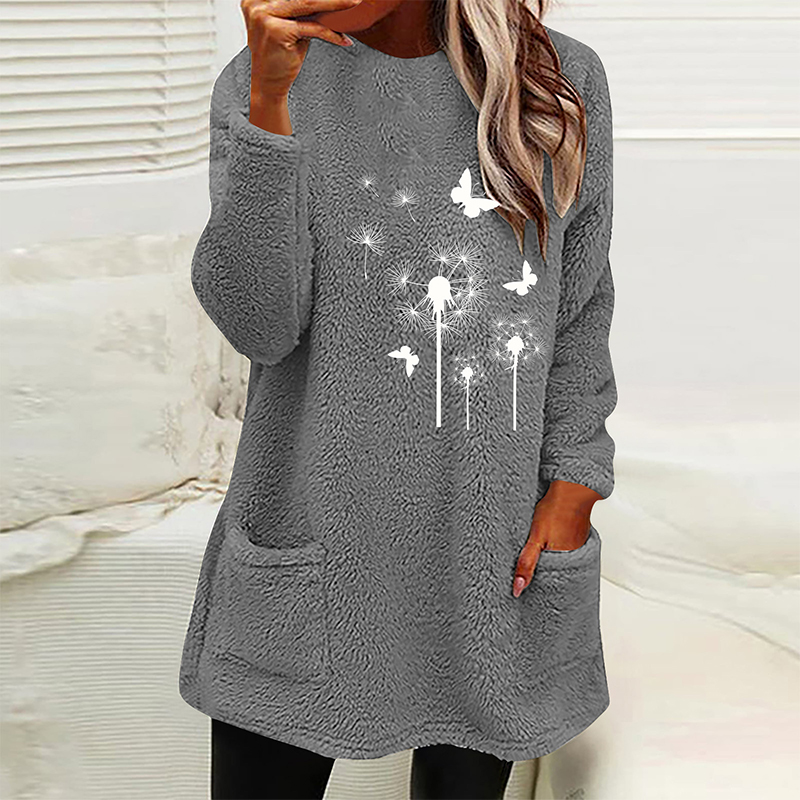 Dandelion Printed Plush Warm Autumn Winter Pockets Long Sweatshirt