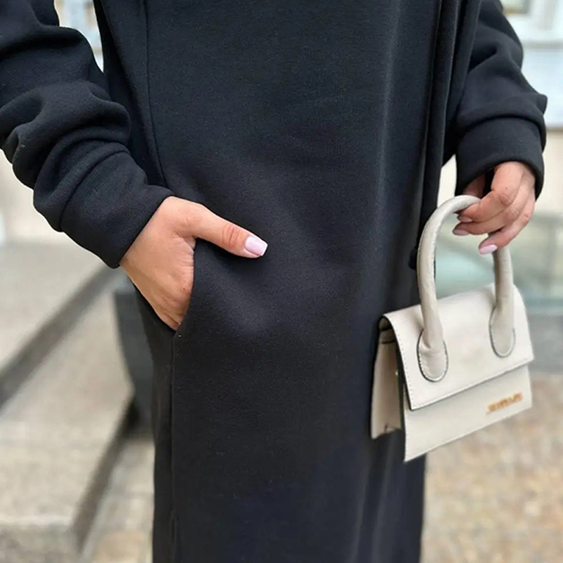 Trendy Hooded Fleece Thickened Autumn Winter Pockets Sweatshirt Dress