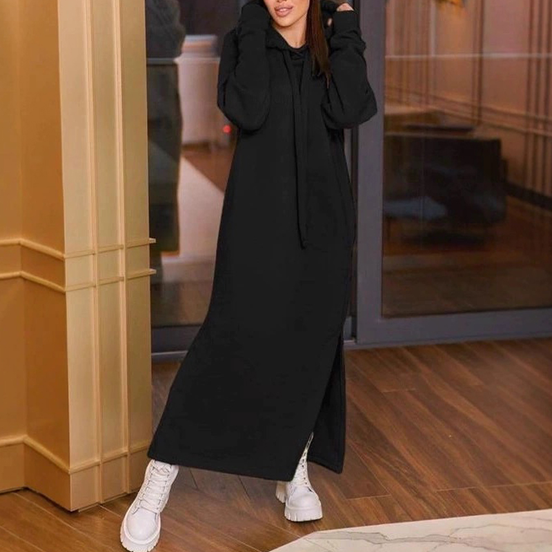 Thickened Autumn Winter Fleece Dress Hooded Pockets Sweatshirt Dress