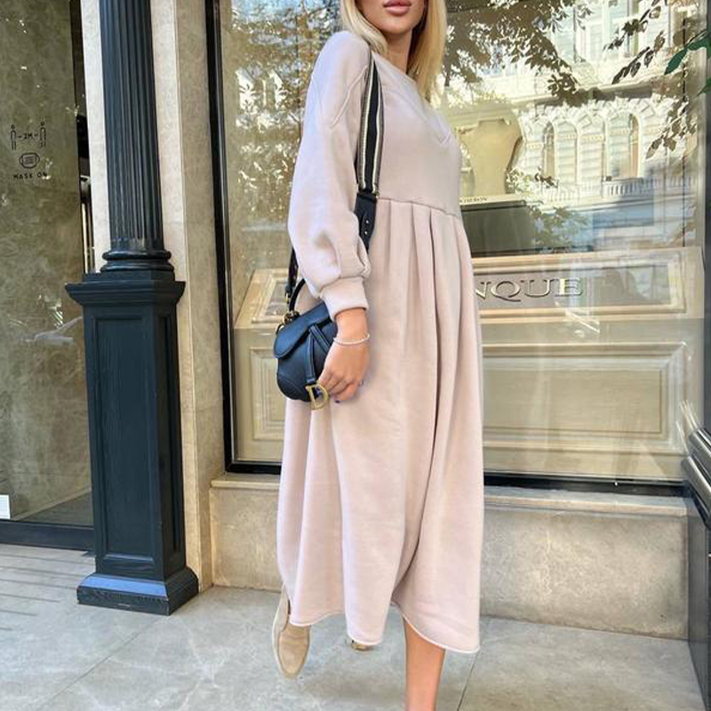 Fashion Thickened Fleece Autumn Winter Pleated A-line Sweatshirt Dress