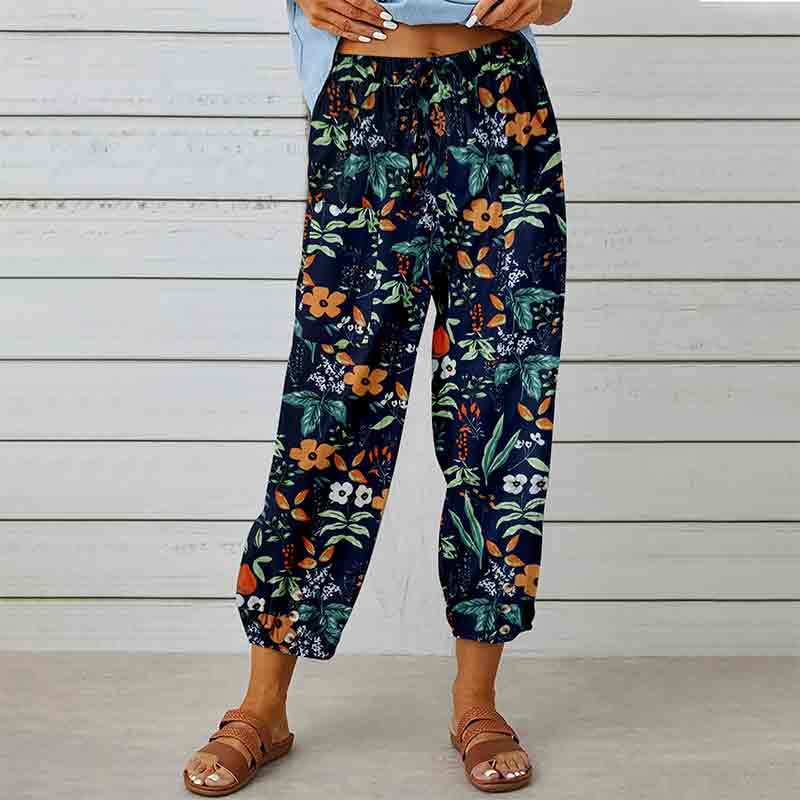 Retro Printed Elastic Waist Drawstring Button Decorated Cropped Trousers