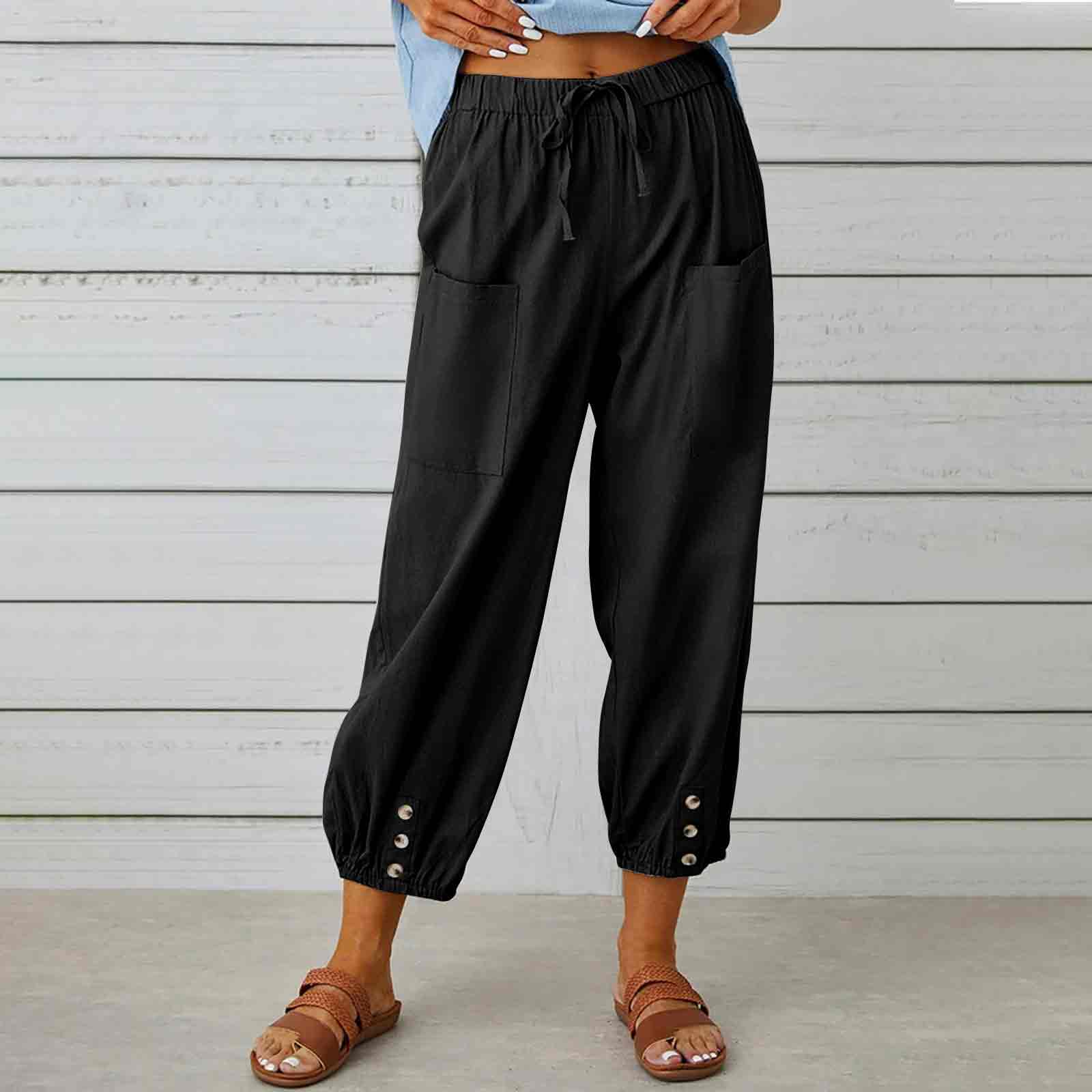 Solid Color Elastic Waist Drawstring Button Decorated Pockets Cropped Trousers