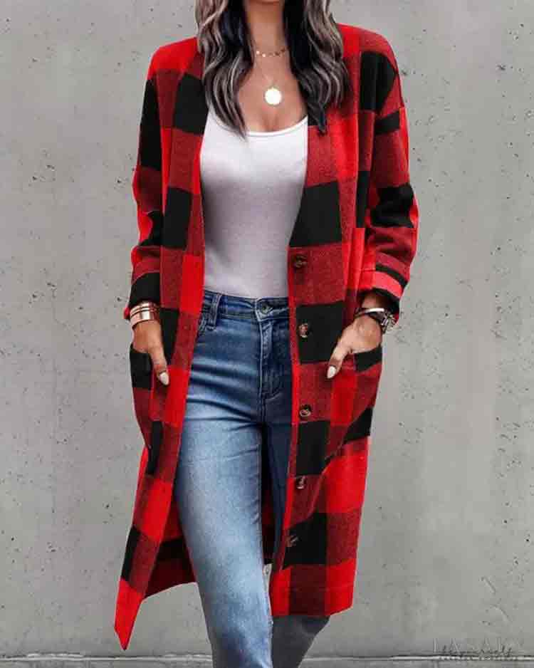 Plaid Button Pockets Wool Single Breasted Cardigan Coat