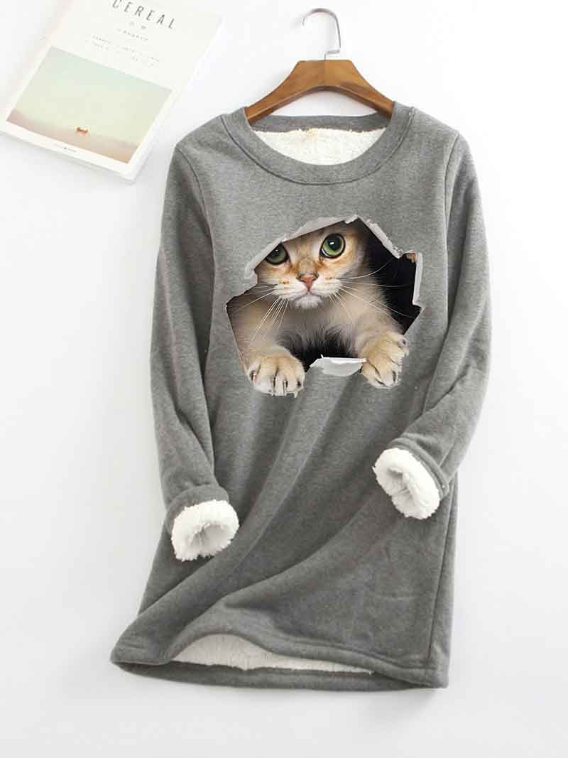 Cat Printed Thickened Fleece Warm Autumn and Winter Sweatshirt