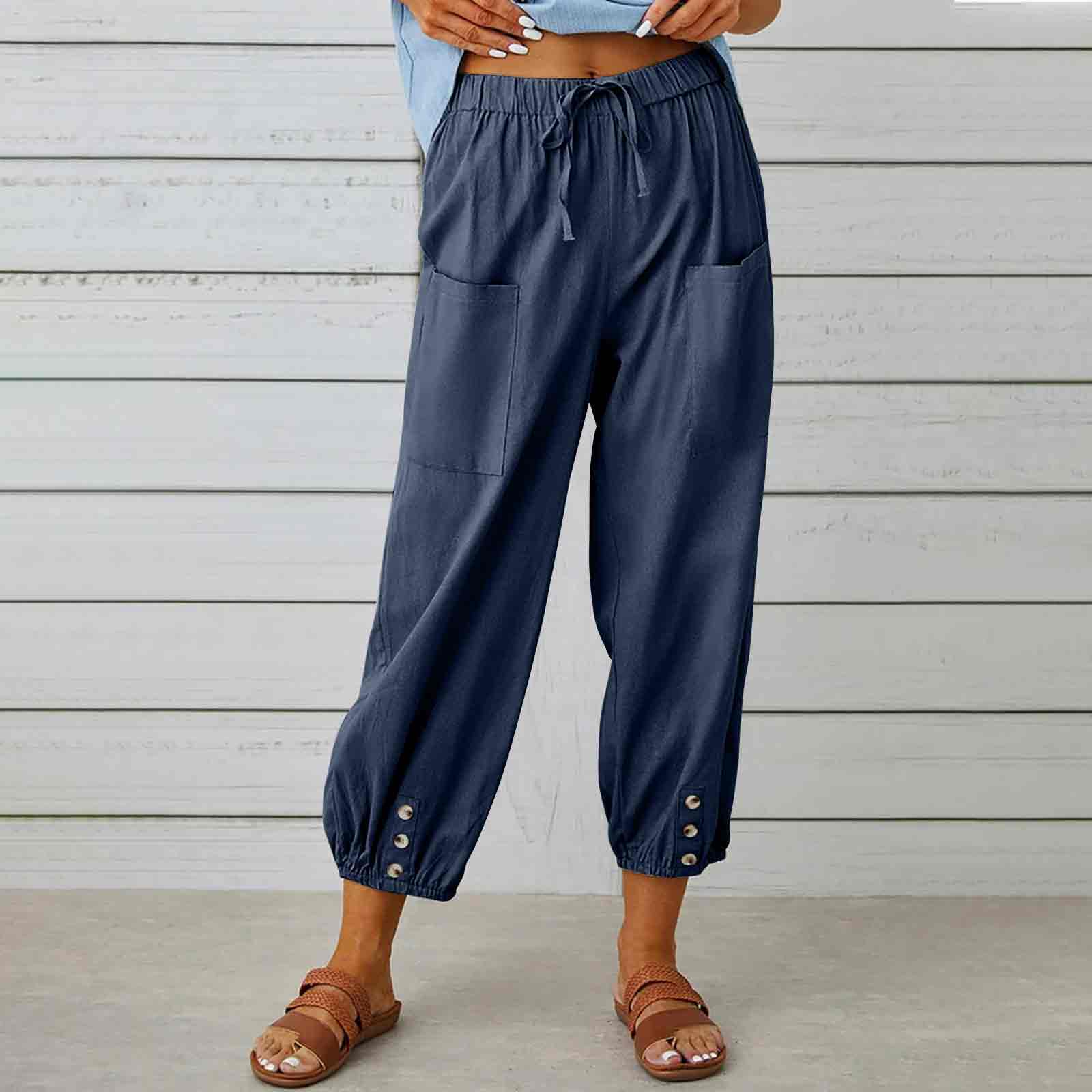 Solid Color Elastic Waist Drawstring Button Decorated Pockets Cropped Trousers