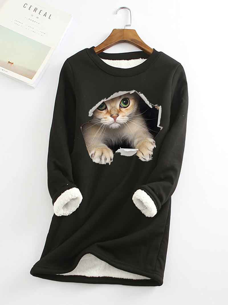 Cat Printed Thickened Fleece Warm Autumn and Winter Sweatshirt