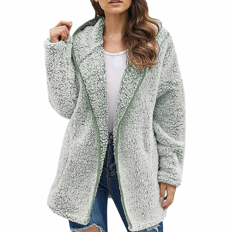 Solid Color Plush Hooded Pockets Autumn Winter Cardigan Coat