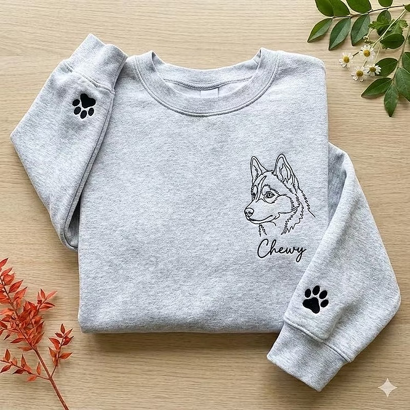 Custom Outline Drawing Embroidered Sweatshirt Furry Baby Memories