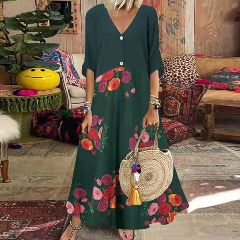 Boho Fashion Floral Printed Half Sleeve Casual A-line Maxi Dress