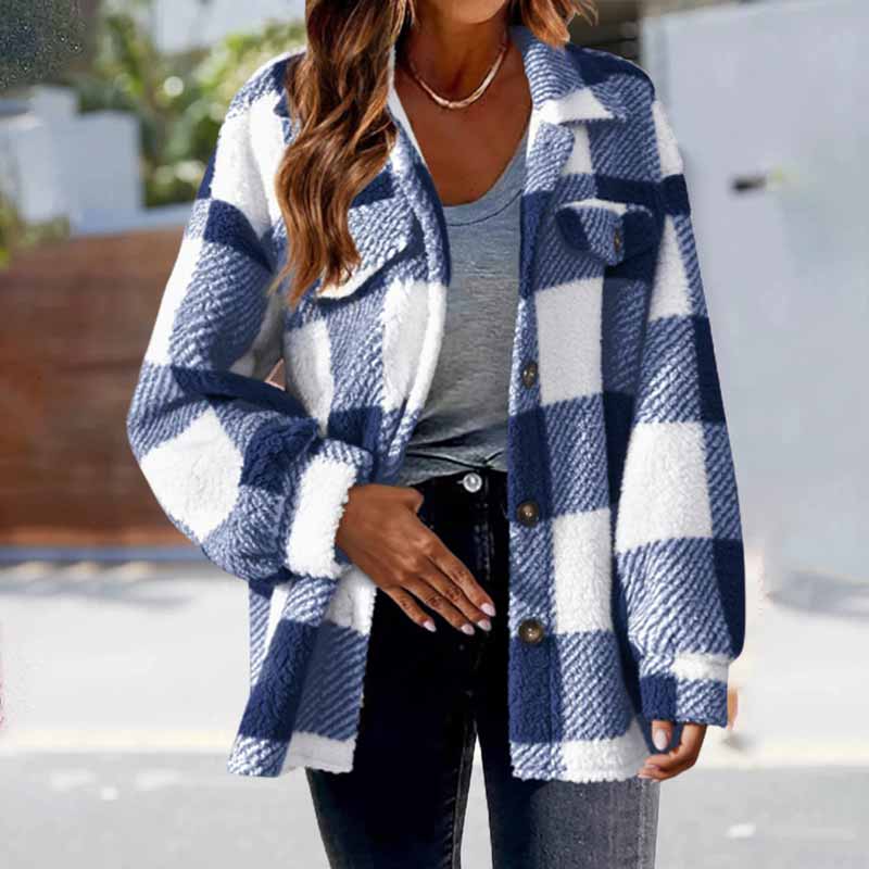 Plaid Printed Single Breasted Plush Pockets Coat