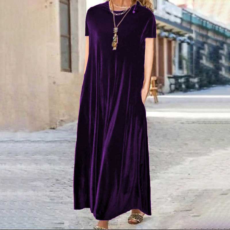 Elegant Solid Color Velvet Short Sleeve Pockets Stretchy Maxi Dress