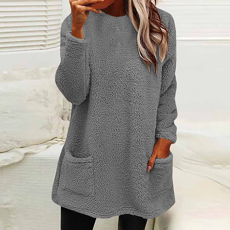 Casual Solid Color Plush Warm Autumn Winter Pockets Long Sweatshirt