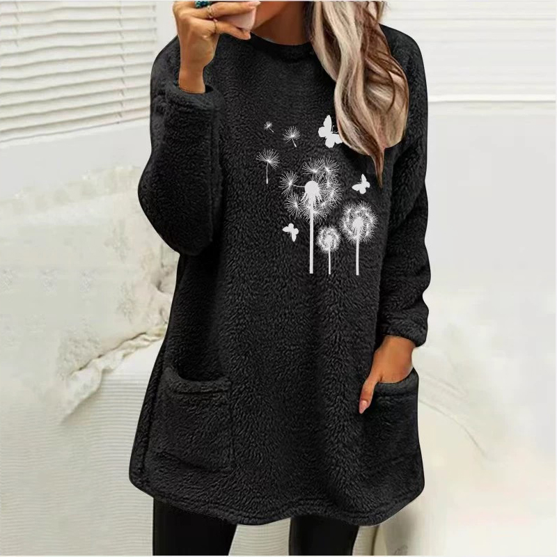 Dandelion Printed Plush Warm Autumn Winter Pockets Long Sweatshirt