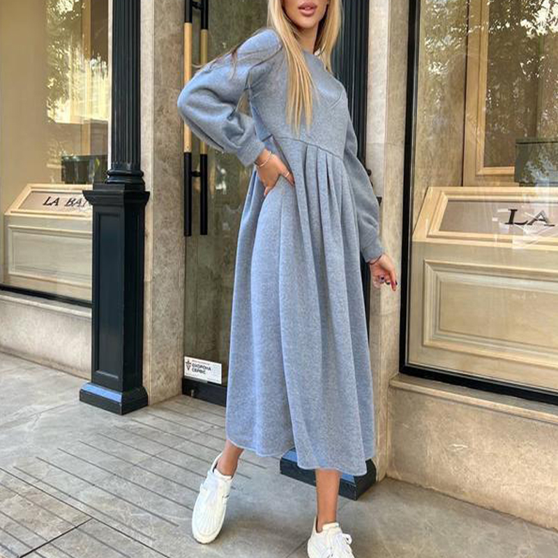 Fashion Thickened Fleece Autumn Winter Pleated A-line Sweatshirt Dress