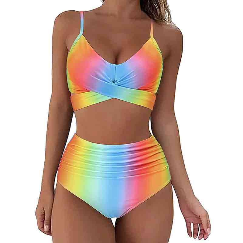 V-neck Crossover Printed Two Piece Bikini Swimsuit