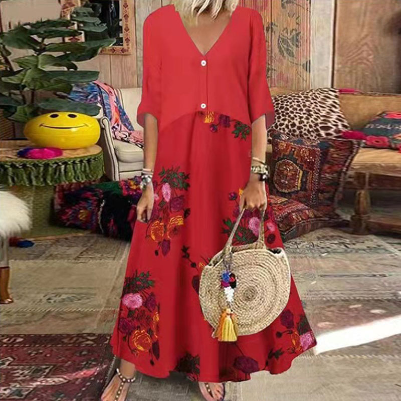 Boho Fashion Floral Printed Half Sleeve Casual A-line Maxi Dress