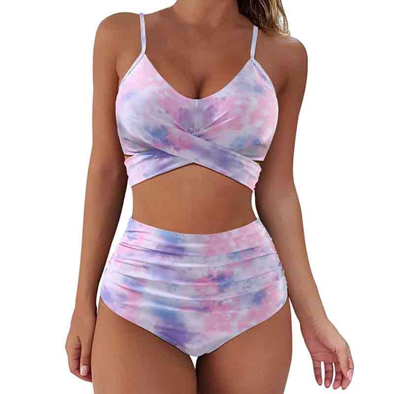 V-neck Crossover Printed Two Piece Bikini Swimsuit