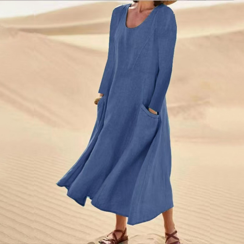 Elegant Long Sleeve Solid Color A-line Pockets Maxi Beach Dress