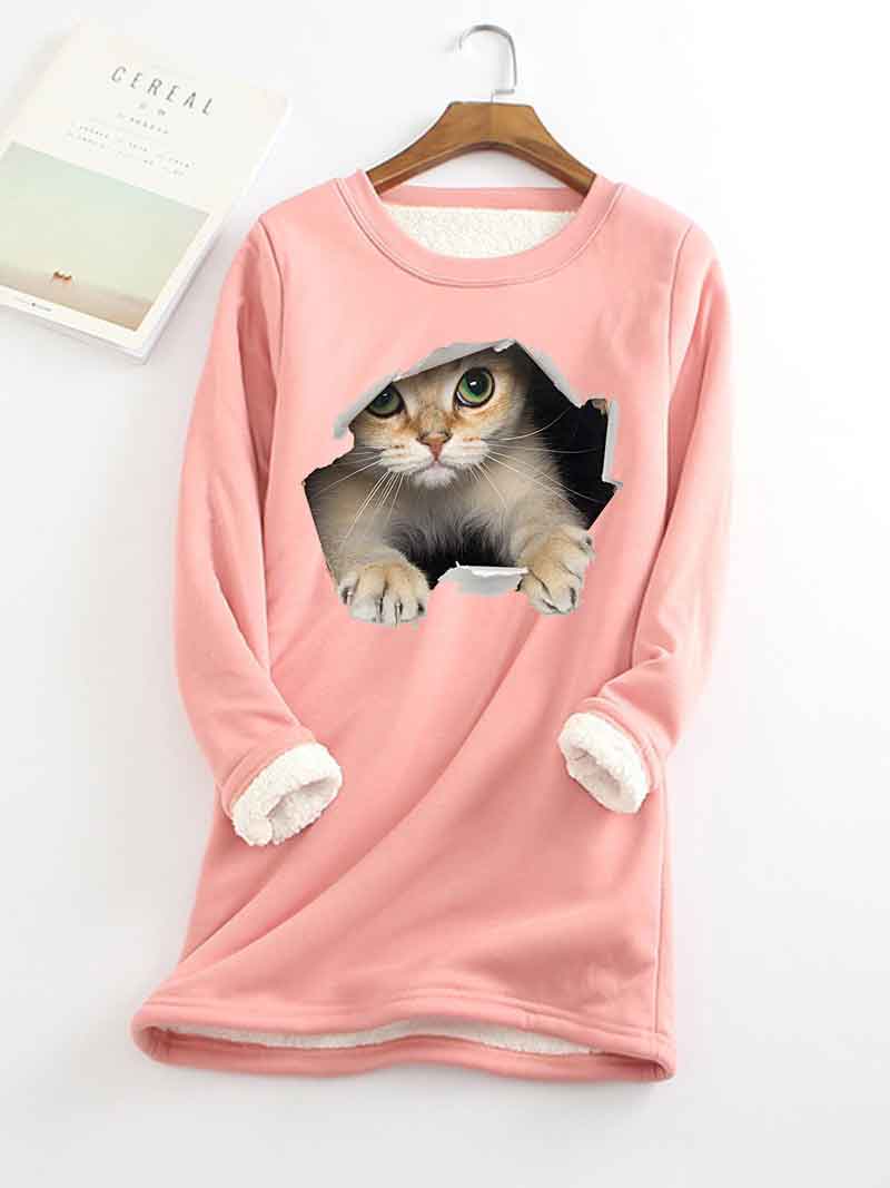 Cat Printed Thickened Fleece Warm Autumn and Winter Sweatshirt