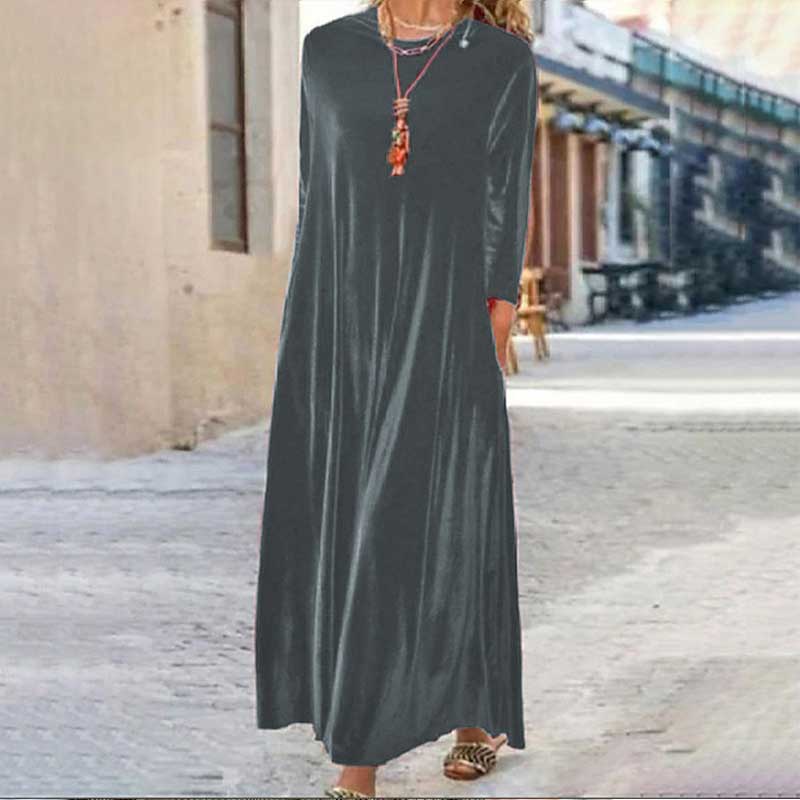 Elegant Solid Color Velvet Round Neck PocketsStretchy Maxi Dress