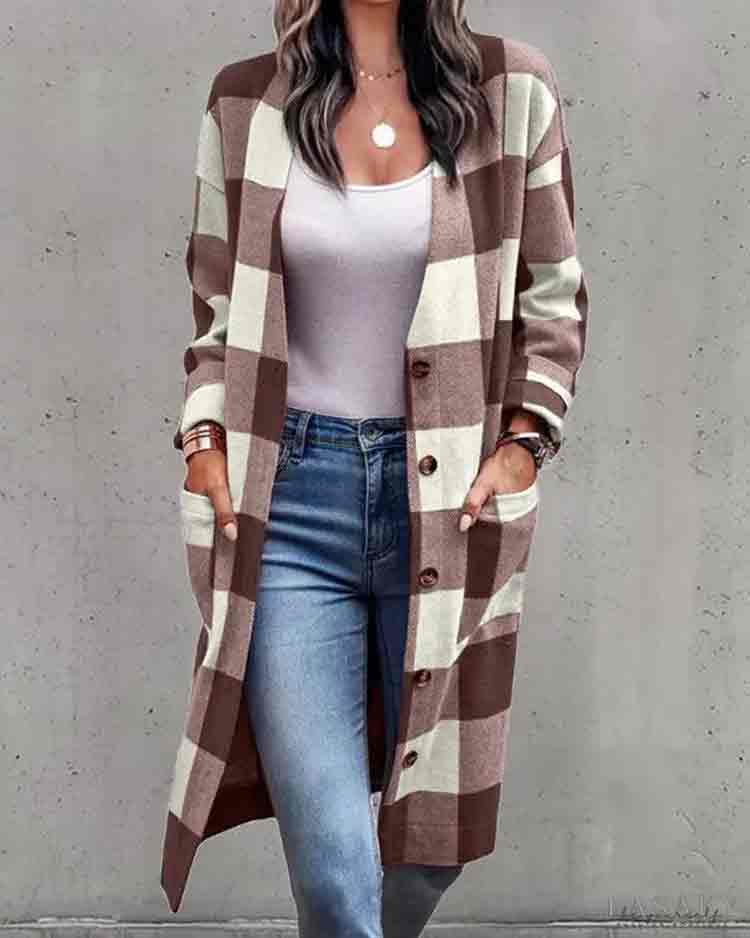 Plaid Button Pockets Wool Single Breasted Cardigan Coat