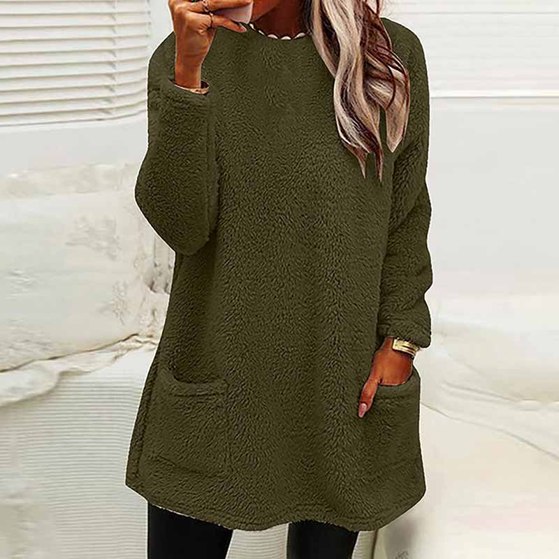 Casual Solid Color Plush Warm Autumn Winter Pockets Long Sweatshirt