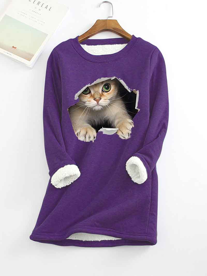 Cat Printed Thickened Fleece Warm Autumn and Winter Sweatshirt