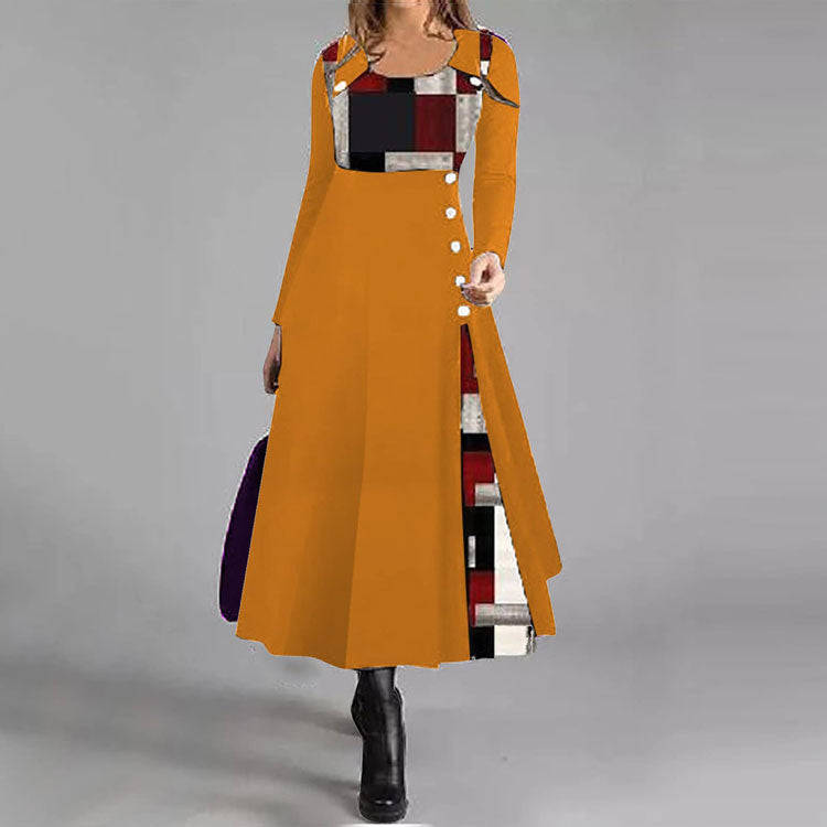 Colorblock Button Decorated Autumn and Winter A-line Dress