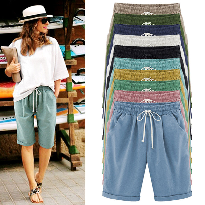 Casual Solid Color Pockets Drawstring Elastic Waist Mid-length Pants