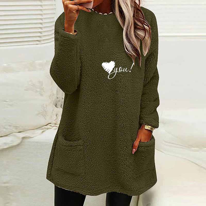 Love You Printed Plush Warm Autumn Winter Pockets Long Sweatshirt