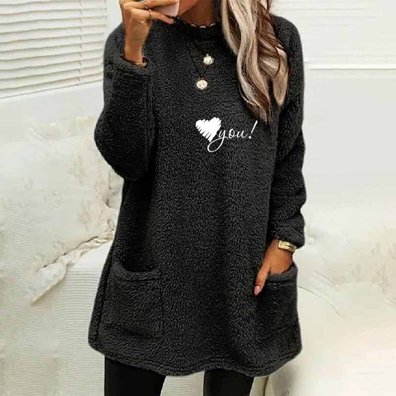 Love You Printed Plush Warm Autumn Winter Pockets Long Sweatshirt