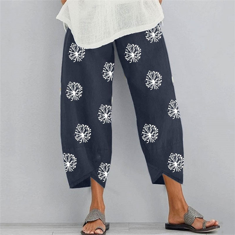Fashion Dandelion Printed Loose Elastic Waist Pocket Pants