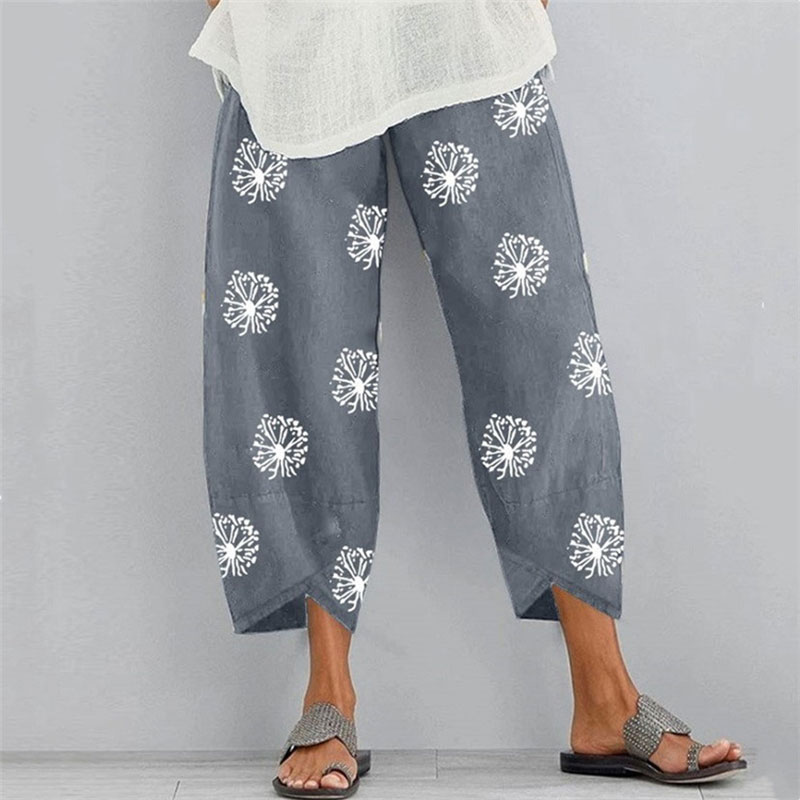 Fashion Dandelion Printed Loose Elastic Waist Pocket Pants
