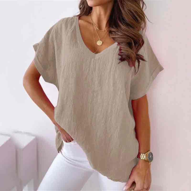 Solid Color V Neck Casual Loose Short Sleeve T-shirt
