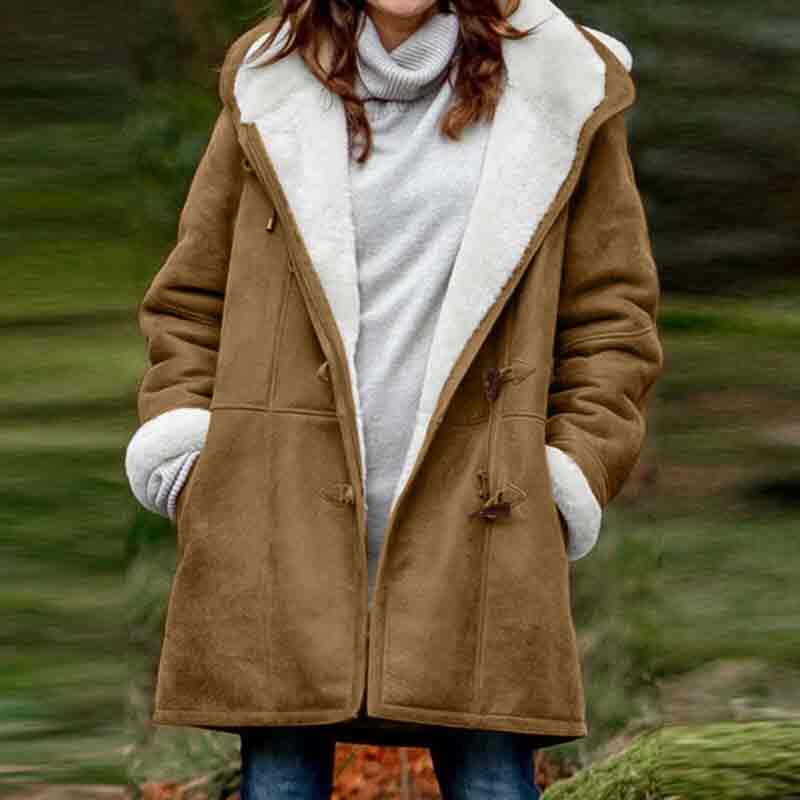 Solid Color Hoodie Long Sleeve Pockets Horn Button Fleece Coat
