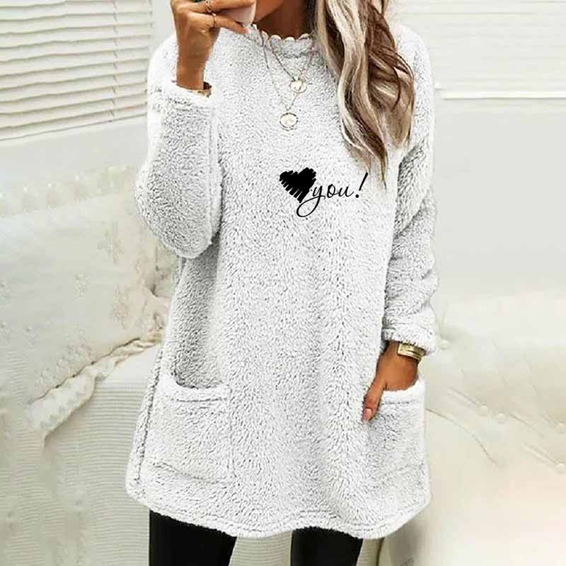 Love You Printed Plush Warm Autumn Winter Pockets Long Sweatshirt