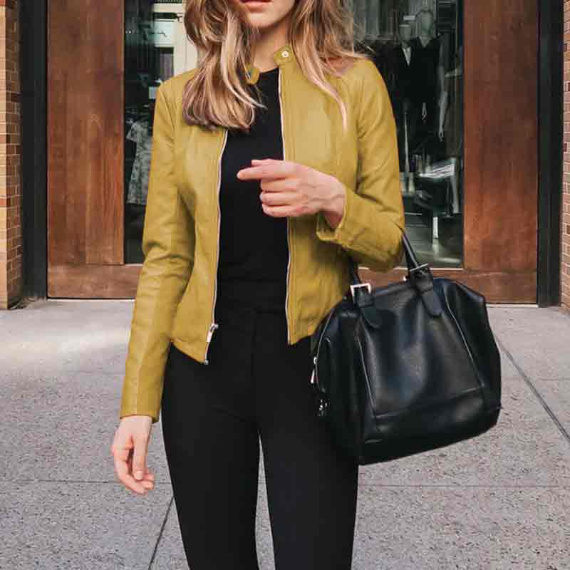 Solid Color Fashion Stand Neck Leather Zippered Jacket Coat