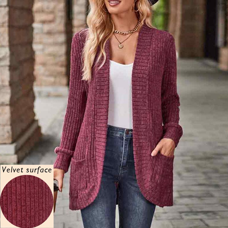Solid Color Velvet Ribbed Button Free Autumn Winter Pockets Cardigan Top