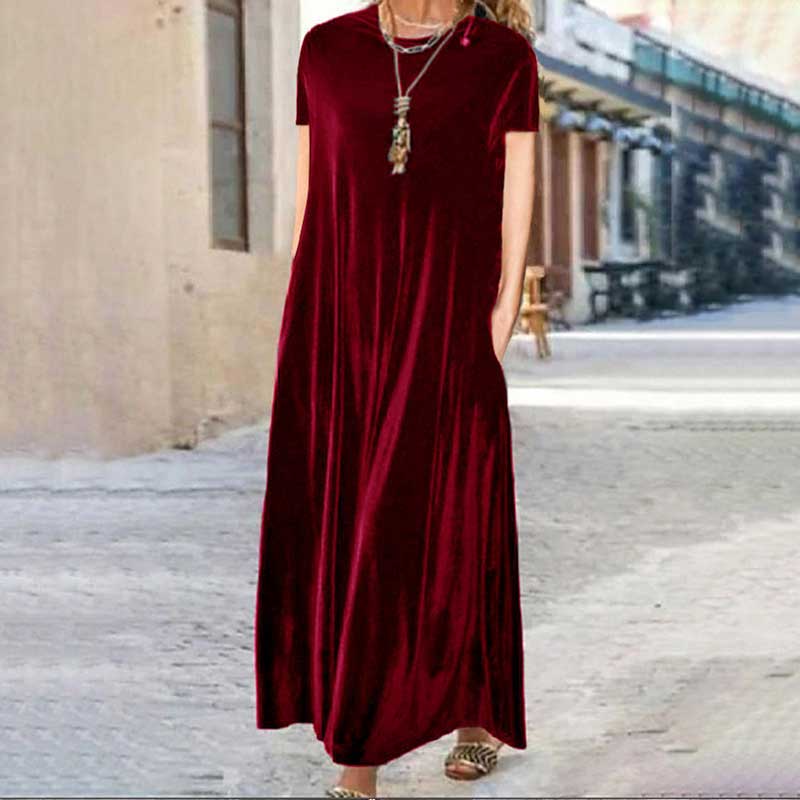 Elegant Solid Color Velvet Short Sleeve Pockets Stretchy Maxi Dress
