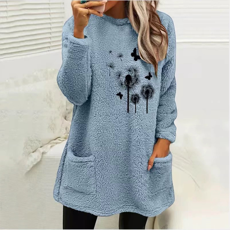 Dandelion Printed Plush Warm Autumn Winter Pockets Long Sweatshirt