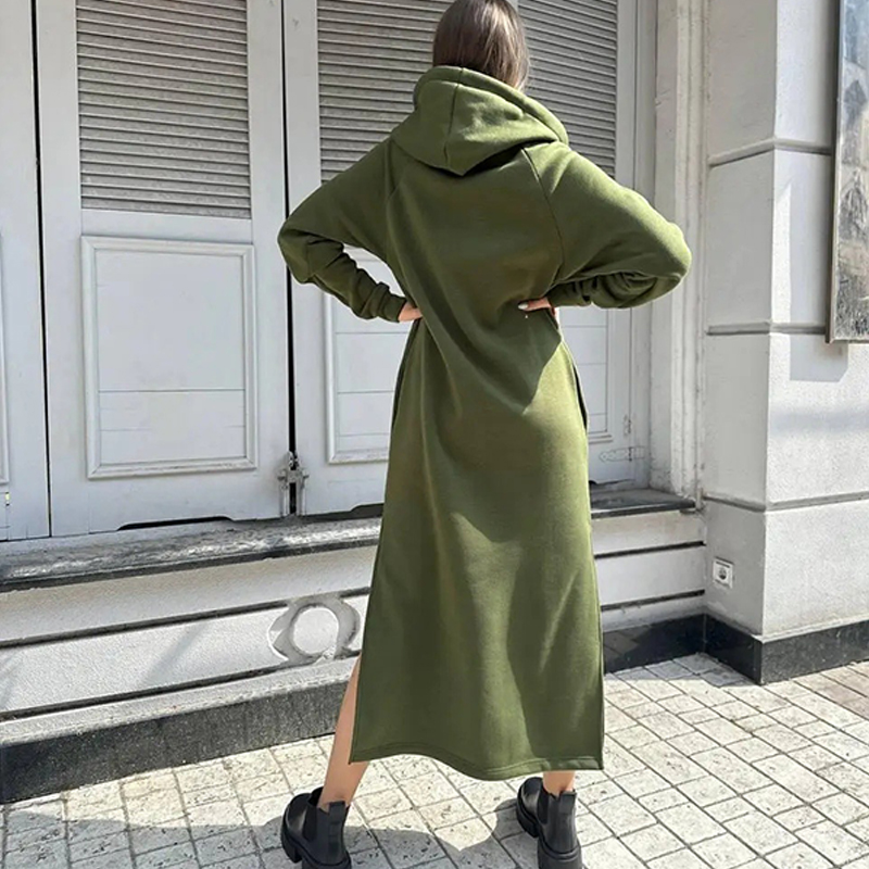 Trendy Hooded Fleece Thickened Autumn Winter Pockets Sweatshirt Dress