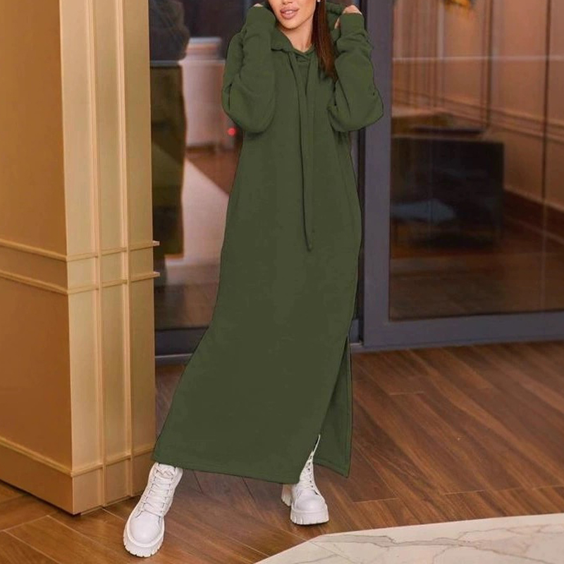 Thickened Autumn Winter Fleece Dress Hooded Pockets Sweatshirt Dress
