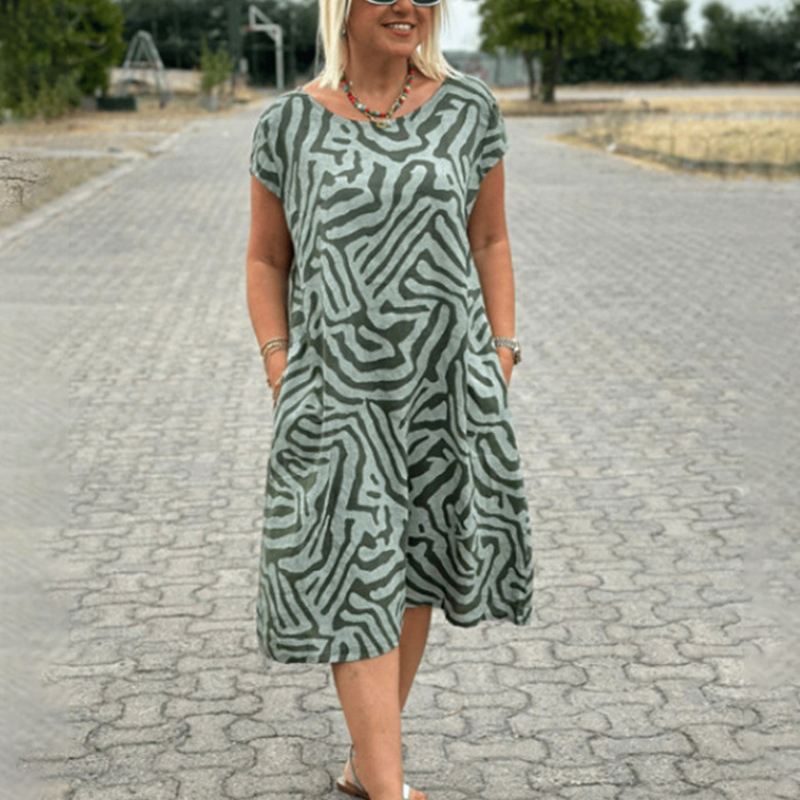 Bohemian Plus Size Holiday Style Leopard Printed Pockets A-line Dress