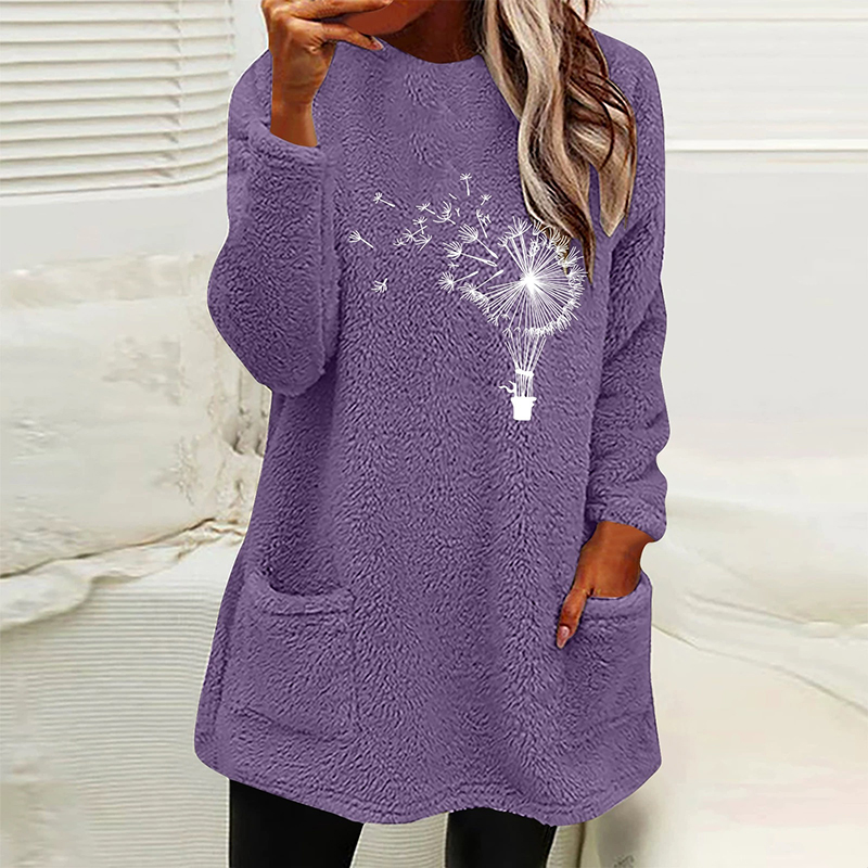Fashion Dandelion  Printed Plush Warm Autumn Winter Pockets Long Sweatshirt